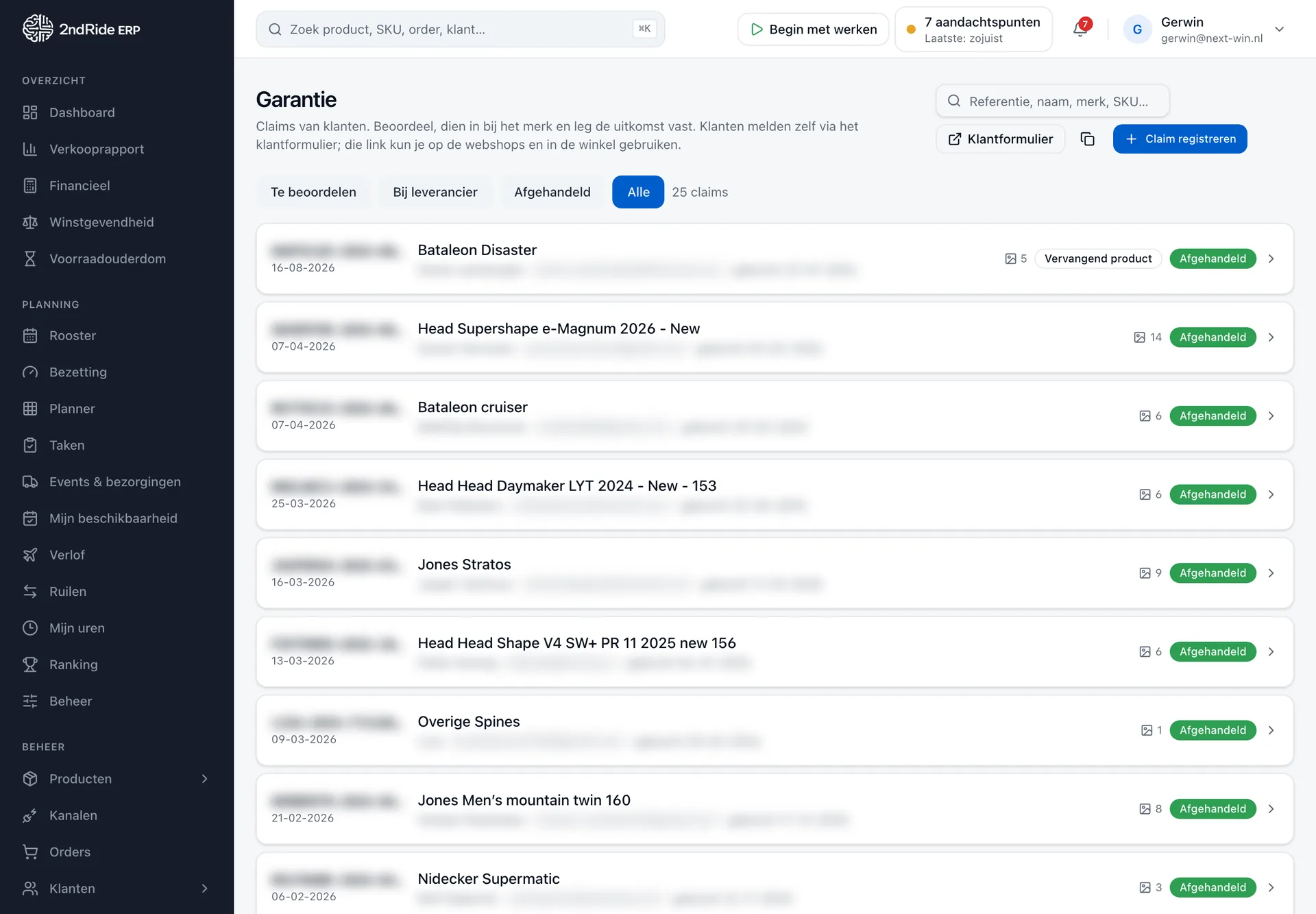 Overzicht van garantieclaims met status per claim