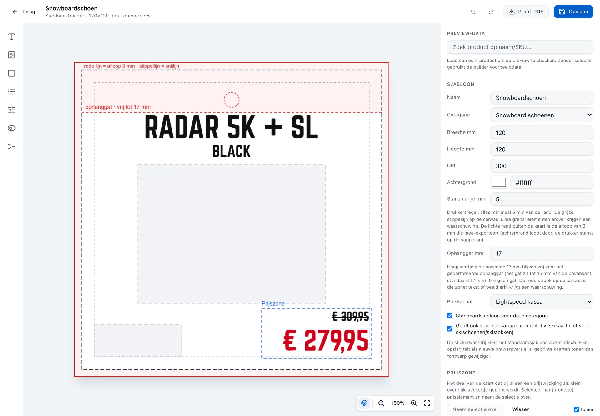 Sjabloon-builder voor artikel-infokaarten met prijszone en drukkersmarges