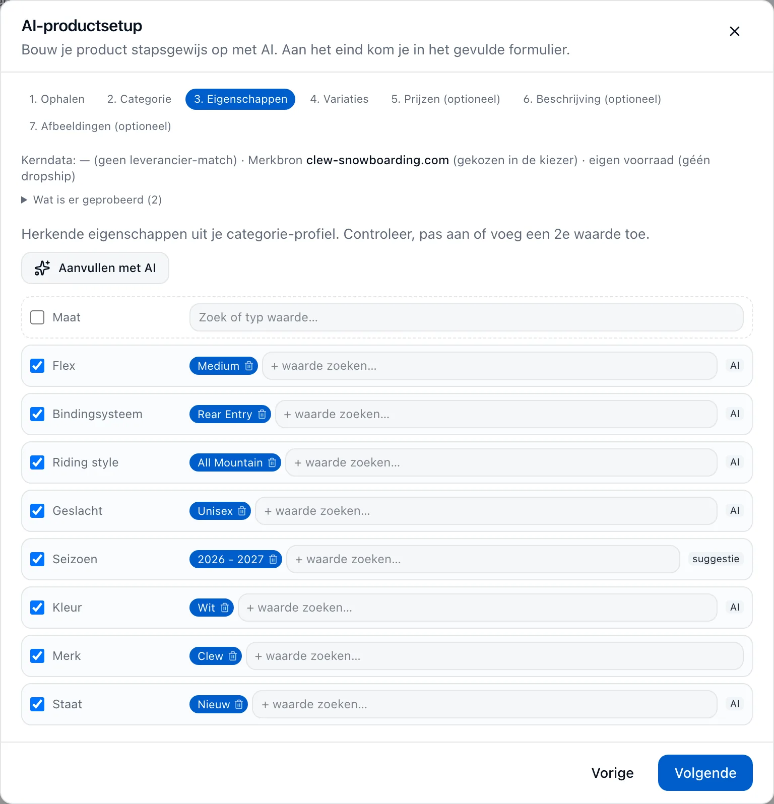 AI-productsetup die de eigenschappen van een snowboardbinding automatisch invult