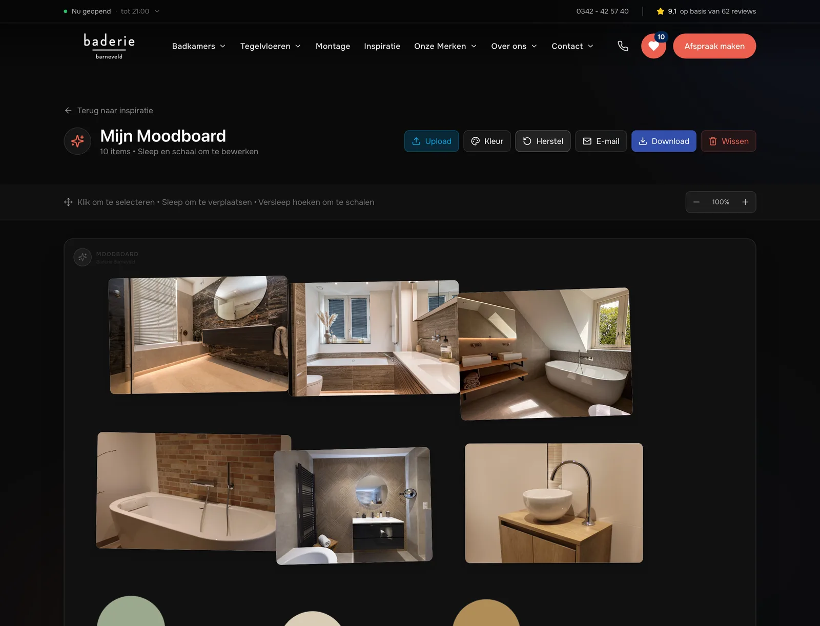 Moodboard van Baderie Barneveld met badkamerfoto’s en kleurstalen, versleepbaar op een canvas