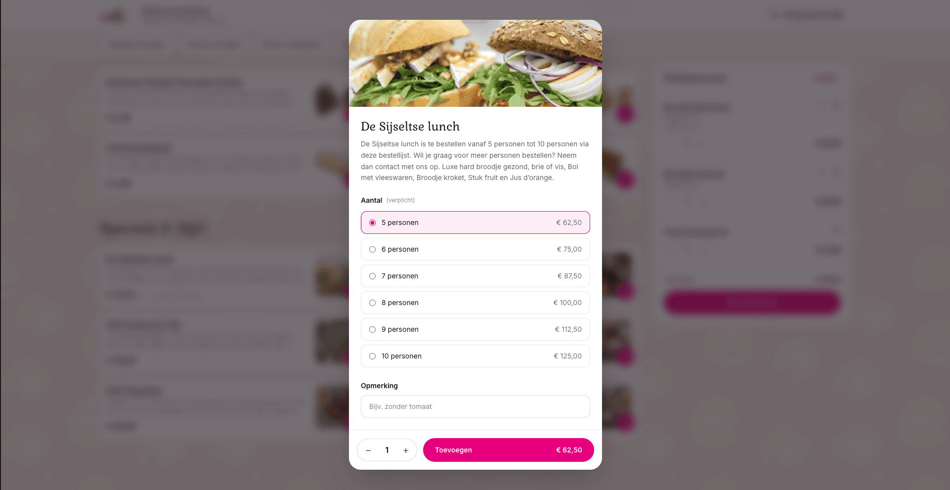 Productvenster De Sijseltse lunch met aantalkeuze, opties en een opmerkingveld