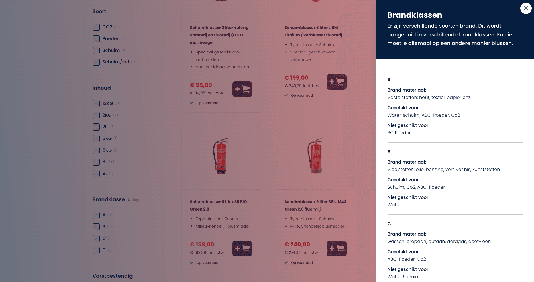 Filter op brandklasse met een uitlegvenster dat in gewone taal vertelt waar A, B, C en F voor staan