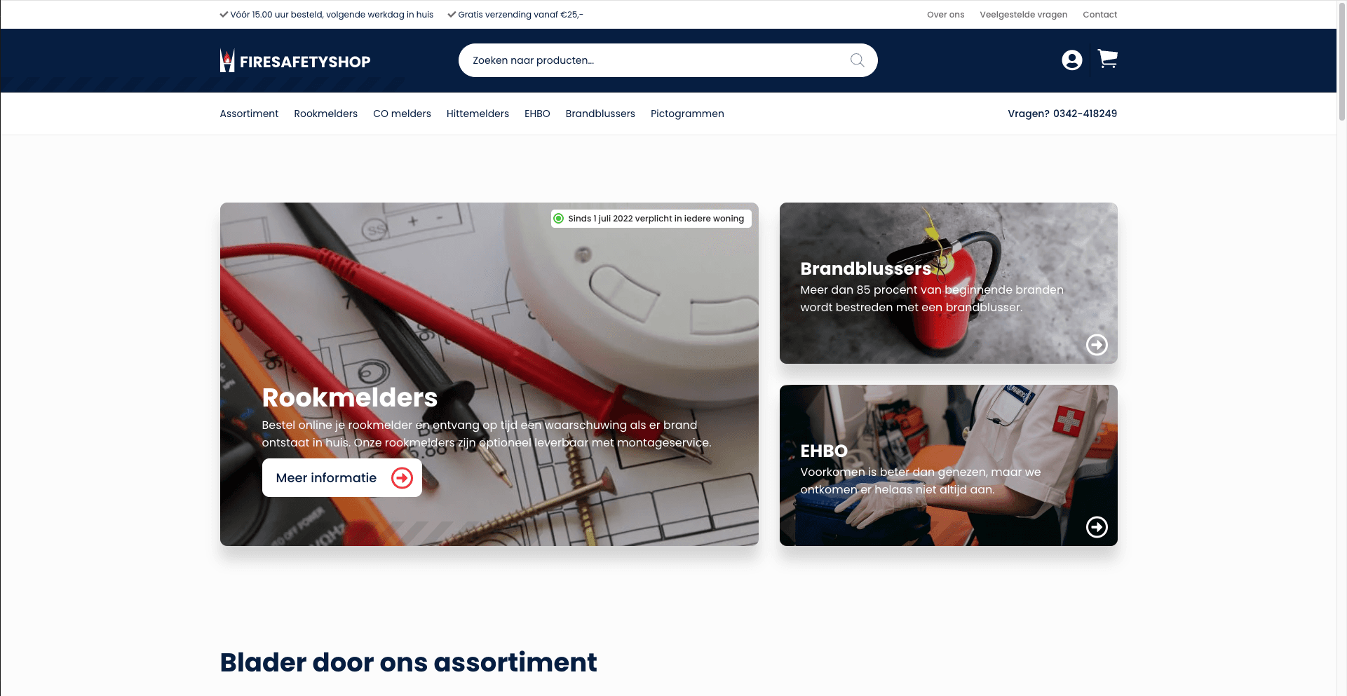 Homepage van Fire Safety Shop met rookmelders, brandblussers en blusdekens