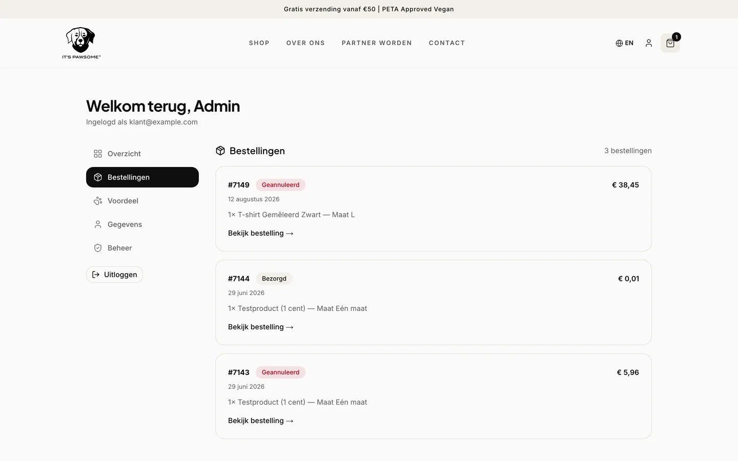 Besteloverzicht in het klantaccount, met de geïmporteerde WooCommerce-orders