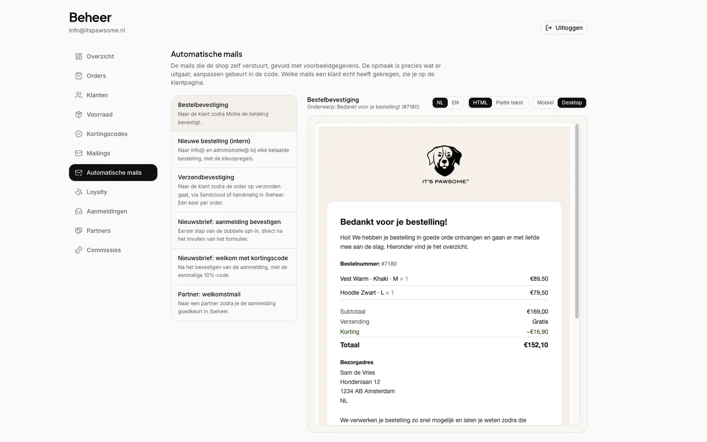 Overzicht van alle automatische mails met live preview