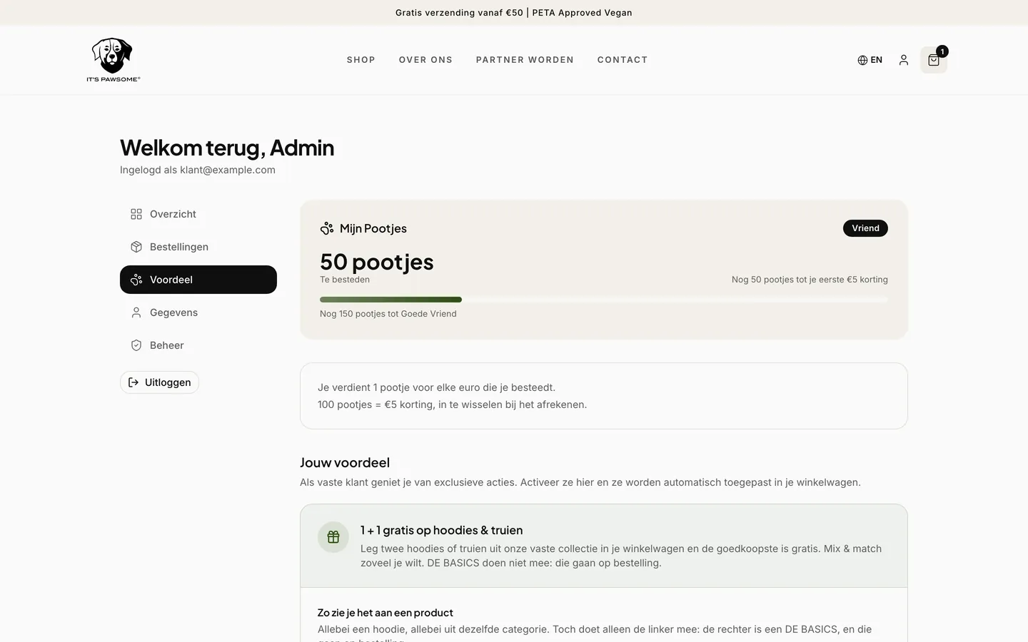 Loyaltypagina met het pootjes-saldo van de klant