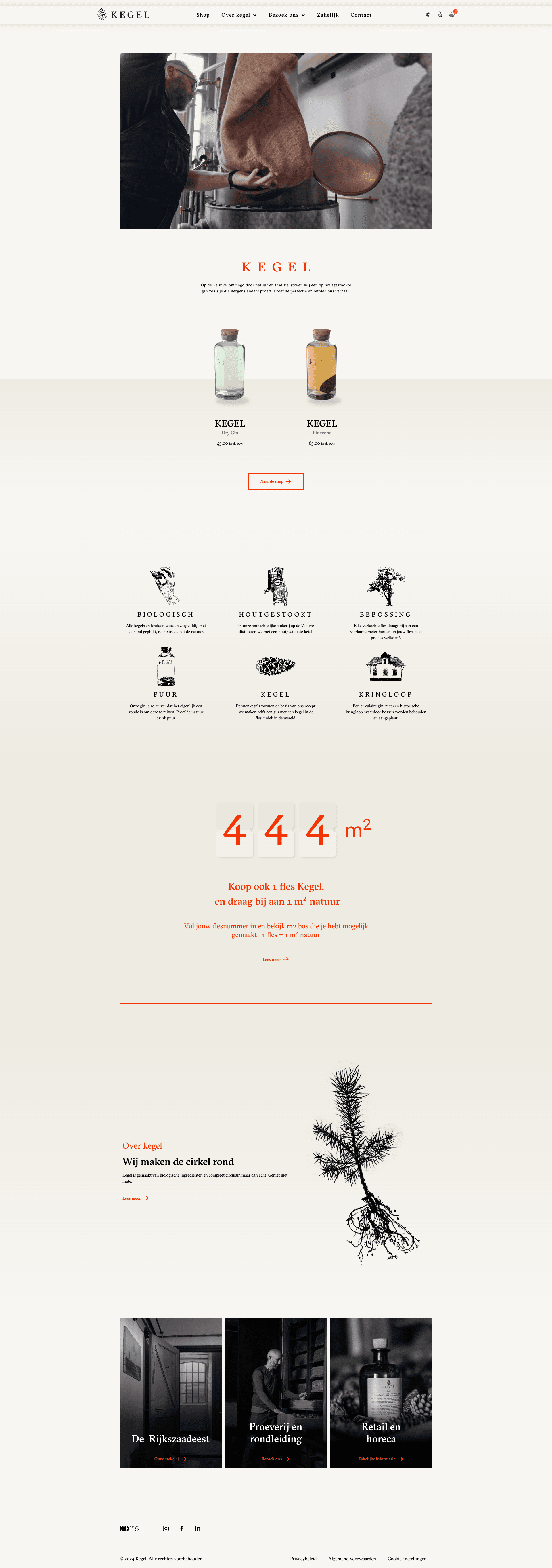 Kegel Spirits homepage met ambachtelijk design en hero