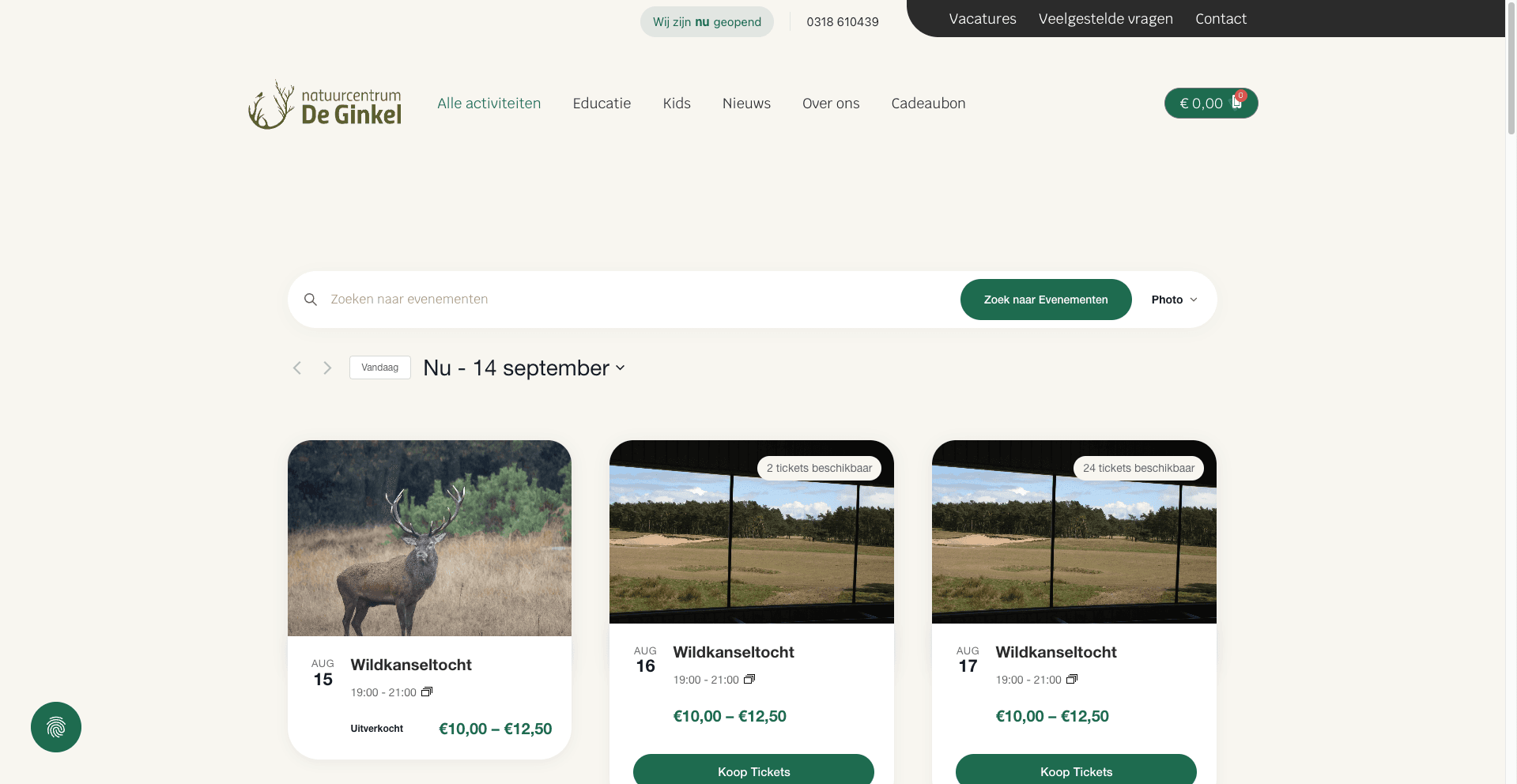 Activiteitenpagina met wildkijktochten en educatieve programma’s, inclusief data en beschikbaarheid