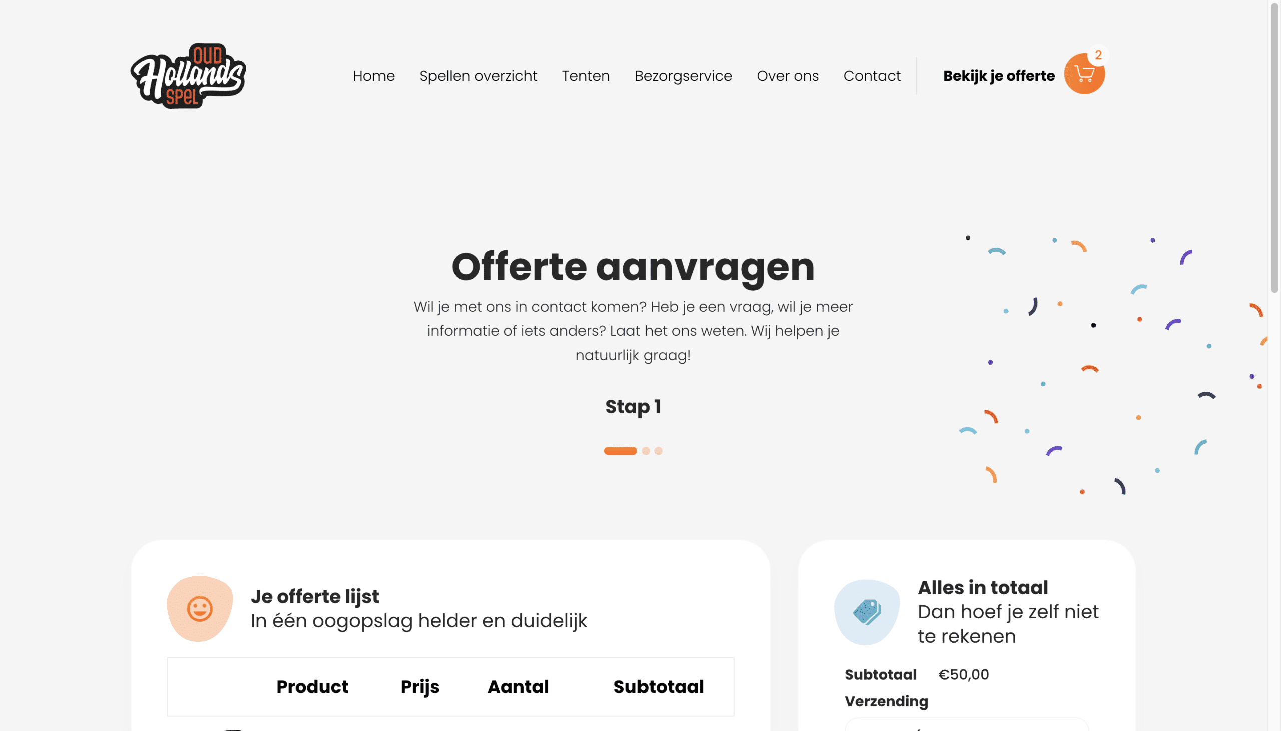 Offerte aanvraag pagina met selectie van spellen