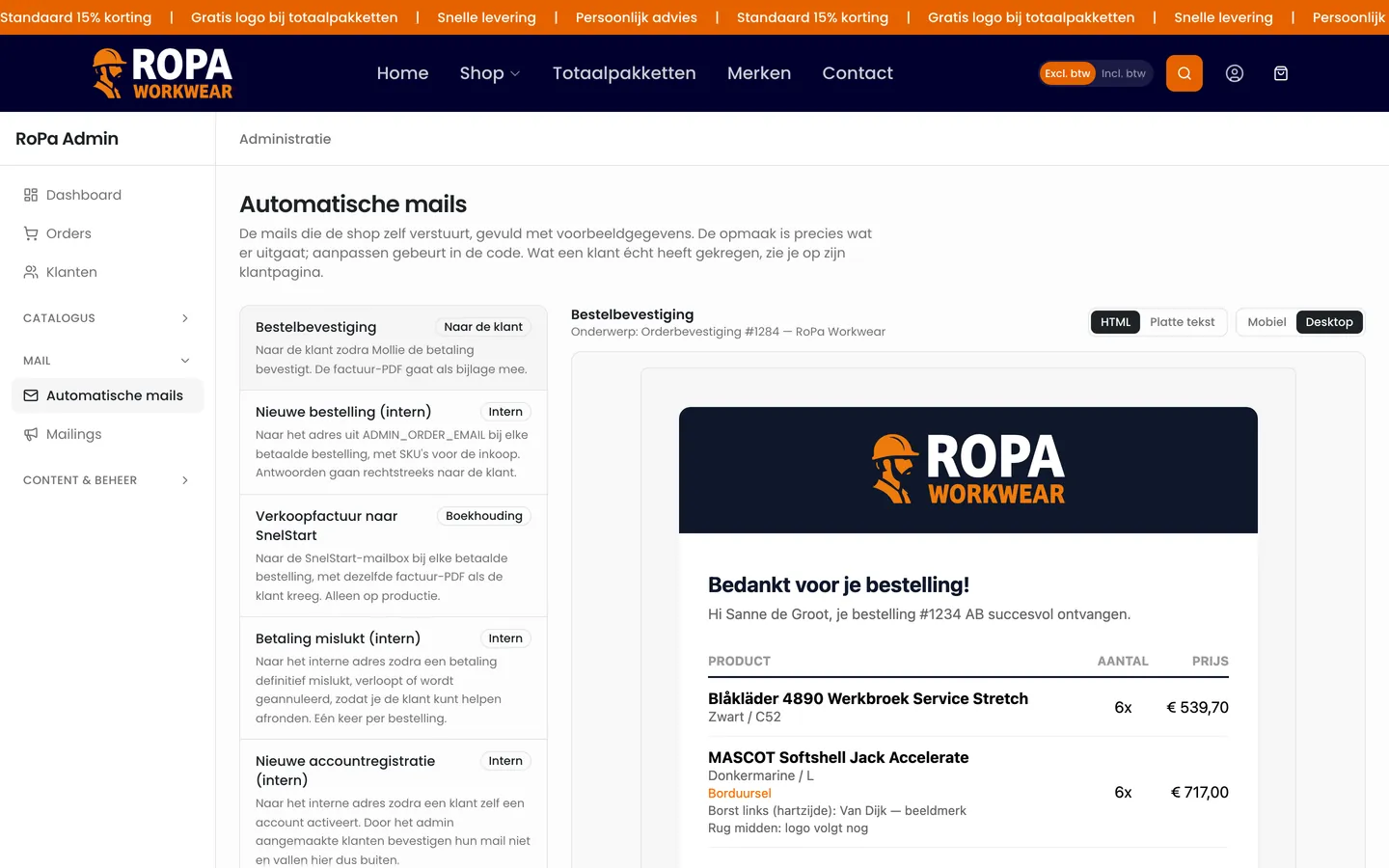 Overzicht van alle automatische mails met live preview