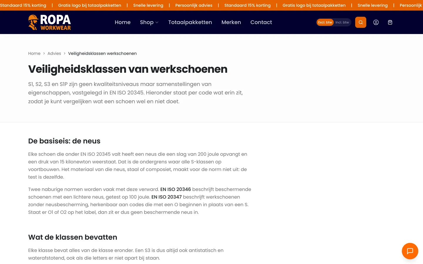 Adviespagina die de veiligheidsklassen van werkschoenen uitlegt