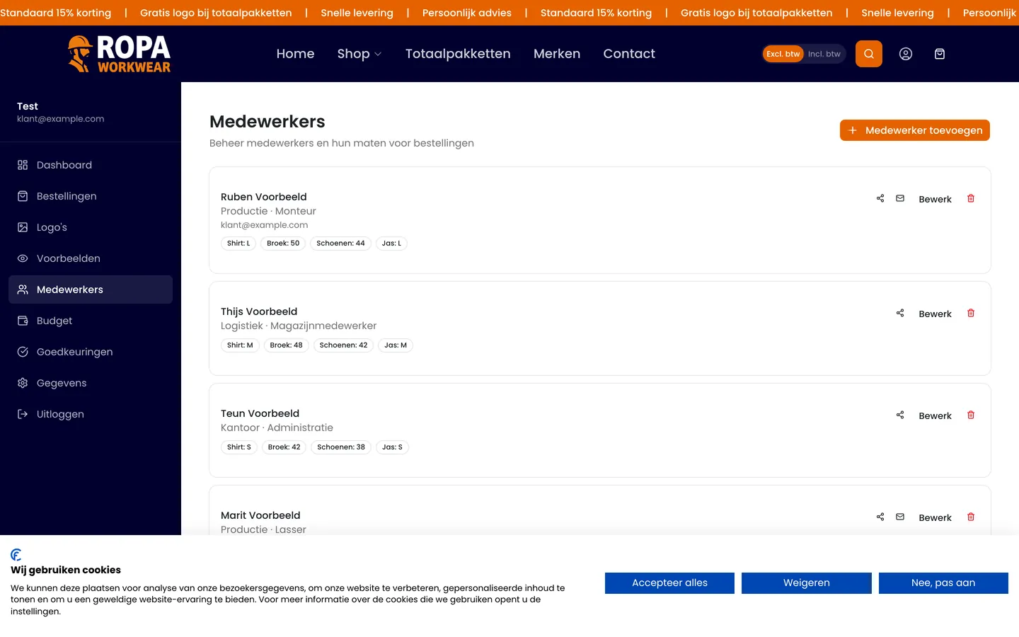 Medewerkersbeheer met de maten per medewerker