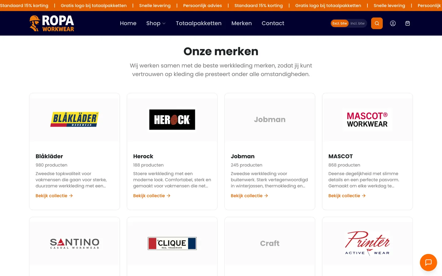 Merkenoverzicht van RoPa Workwear met het aantal producten per merk