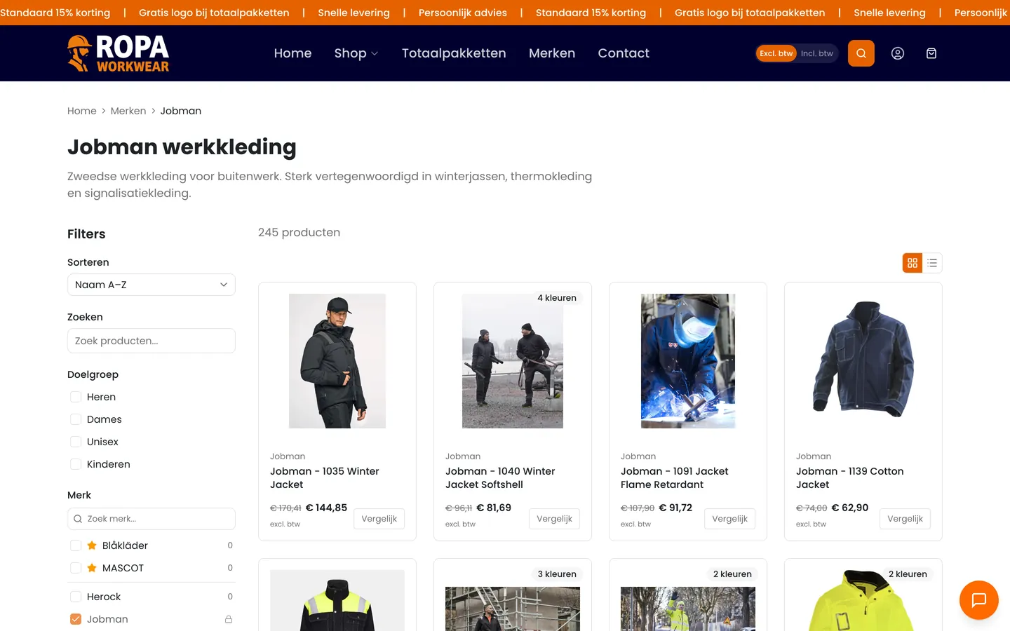 Merkpagina van RoPa Workwear met producten in de HTML