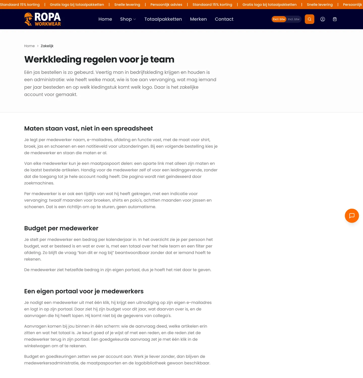 Zakelijke landingspagina van RoPa Workwear over kledingbeheer voor bedrijven