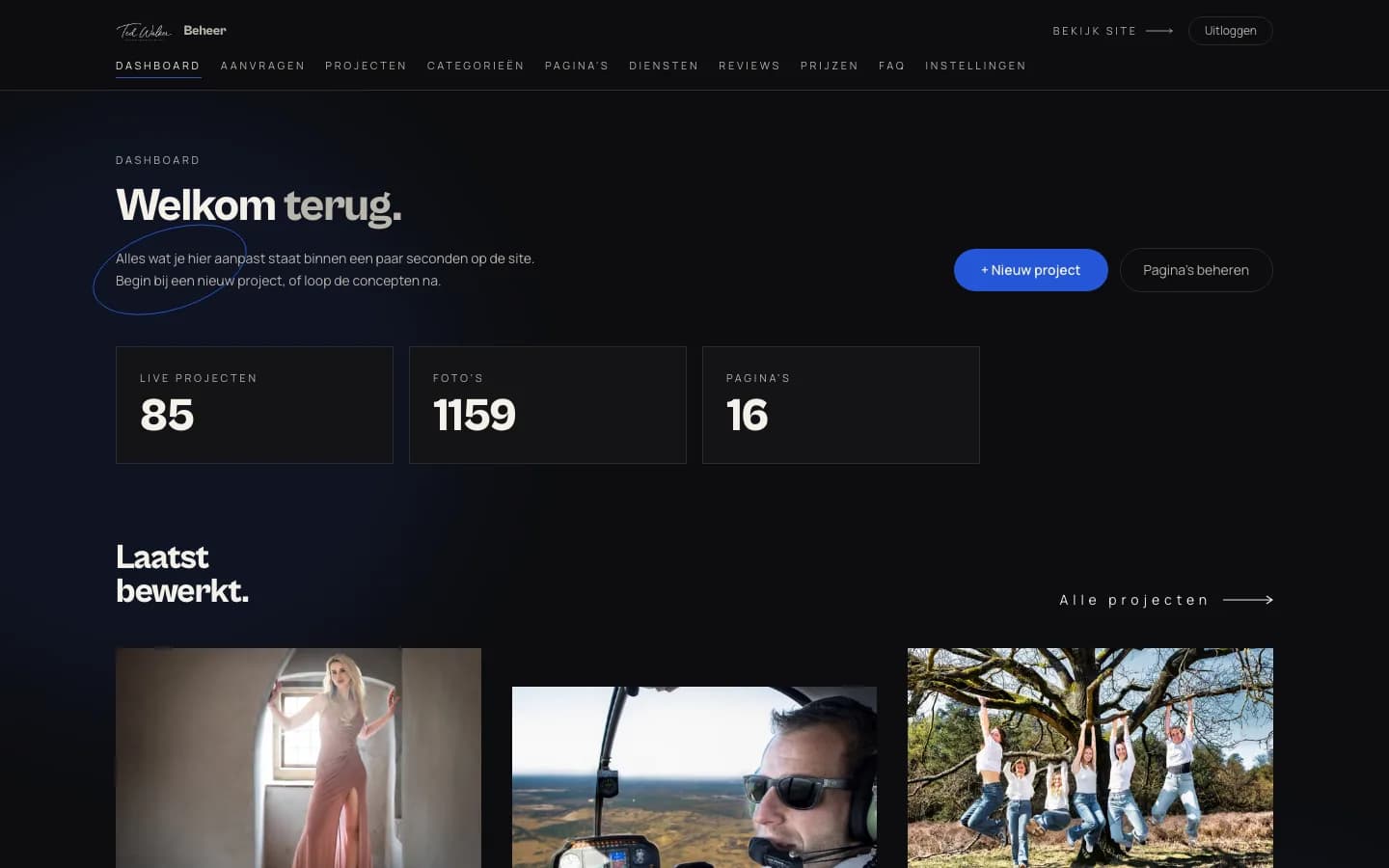Dashboard van het beheer met 85 live projecten, 1.159 foto’s en 16 pagina’s