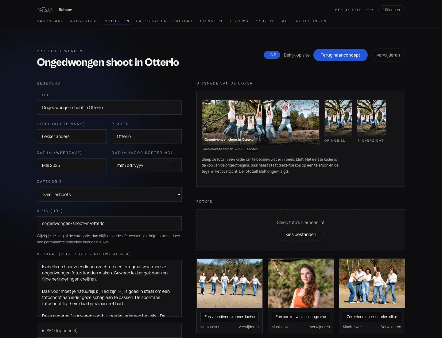 Project bewerken met de gegevens links en rechts de uitsnede van de cover en de foto’s van de shoot