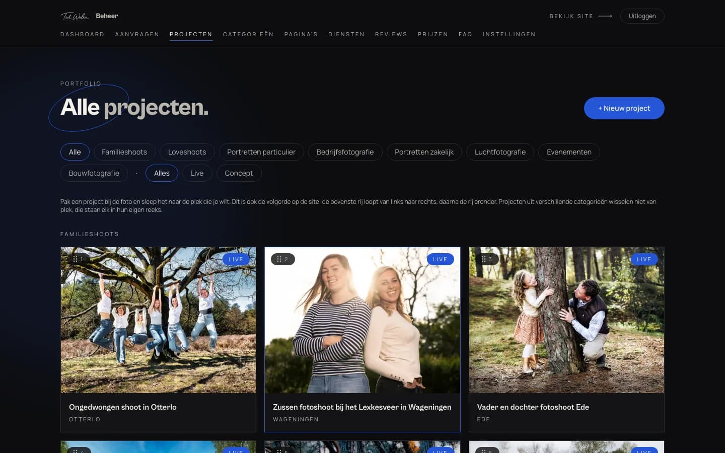 Overzicht van alle projecten in het beheer, met filters per categorie en een nummer om te slepen