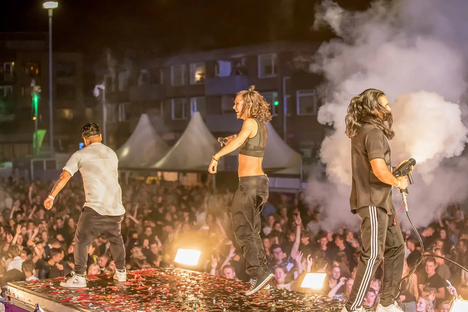 Optreden op een festival in Ede met rook op het podium en publiek ervoor