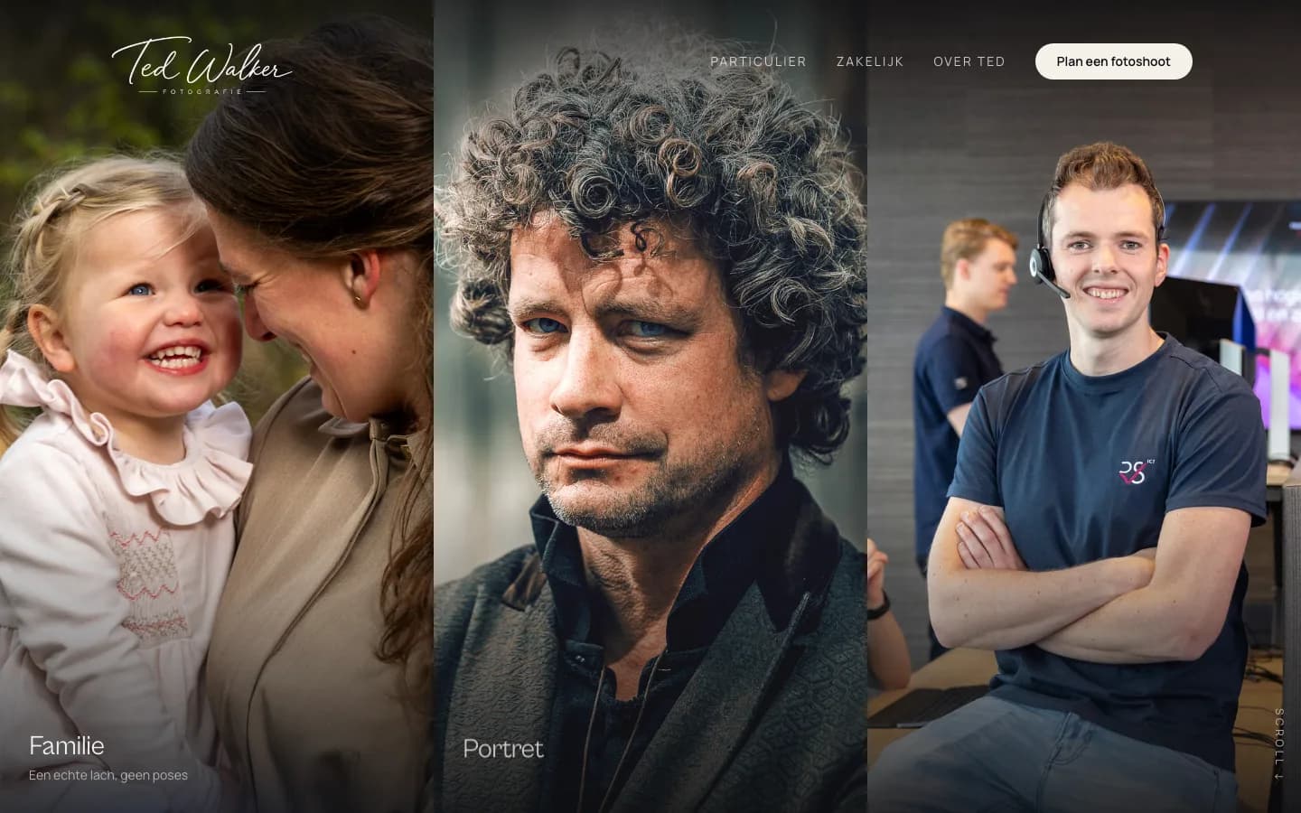 Bovenkant van de homepage van Ted Walker met drie panelen: familie, portret en bedrijven