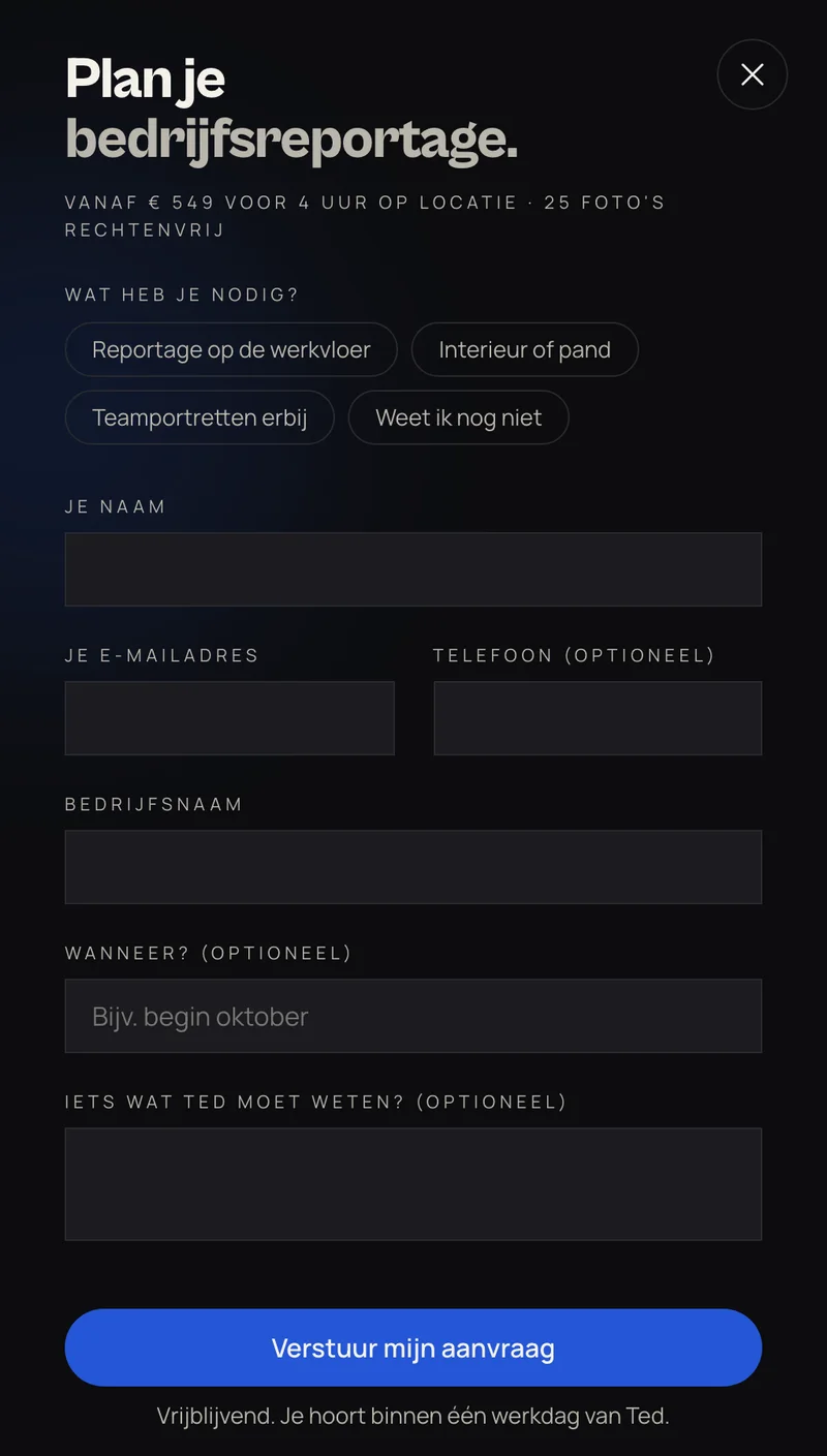Paneel Plan je bedrijfsreportage met de vanafprijs, keuzes per soort shoot en een aanvraagformulier