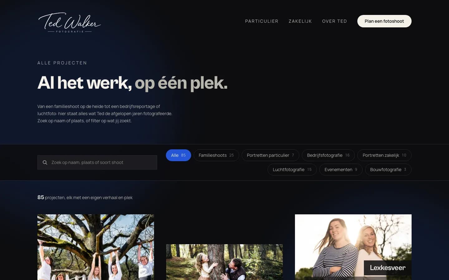 Pagina Alle projecten met een zoekveld en filters per categorie met aantallen