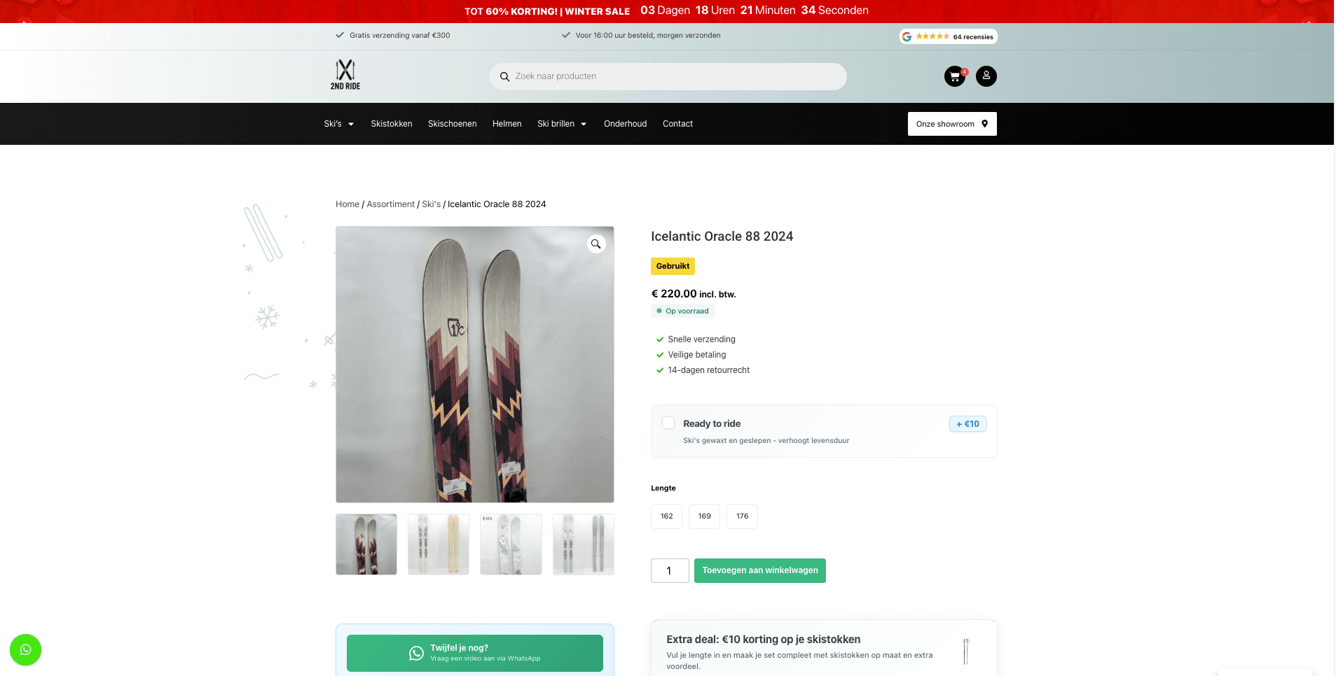 Productpagina met categorieen en filters voor tweedehands ski's