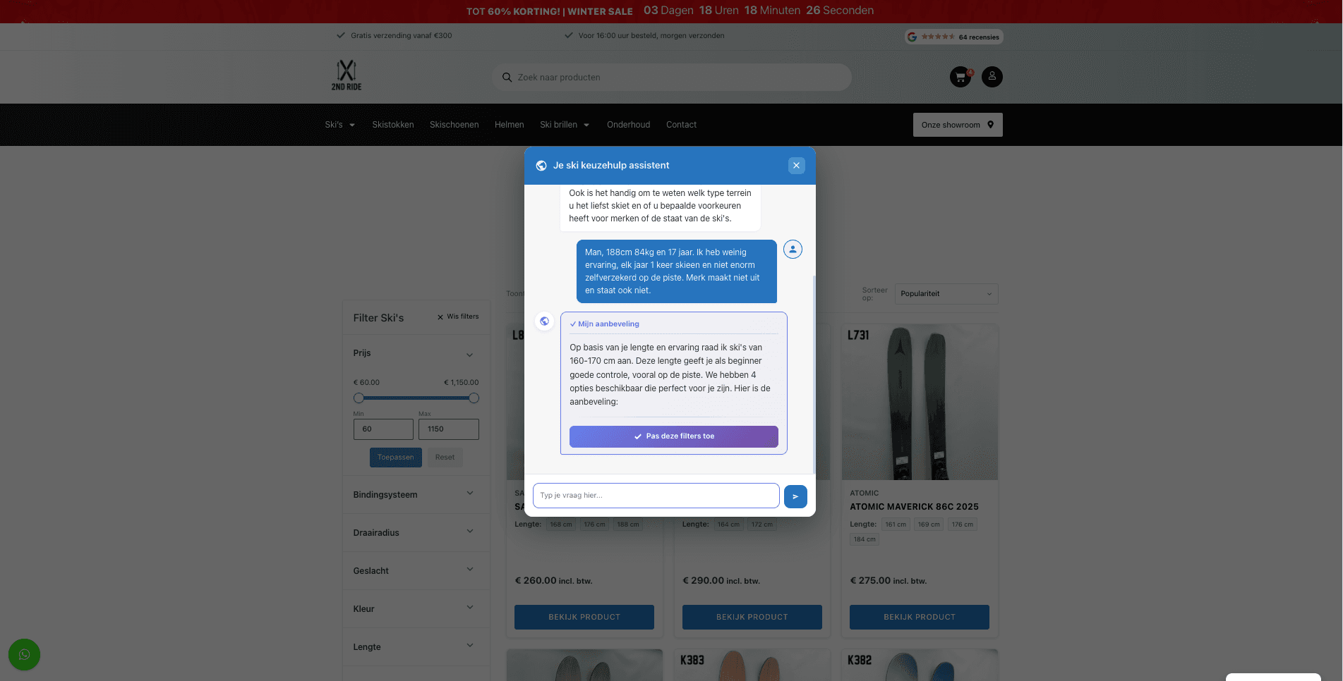 AI Ski Keuzehulp Assistent in gesprek met een klant