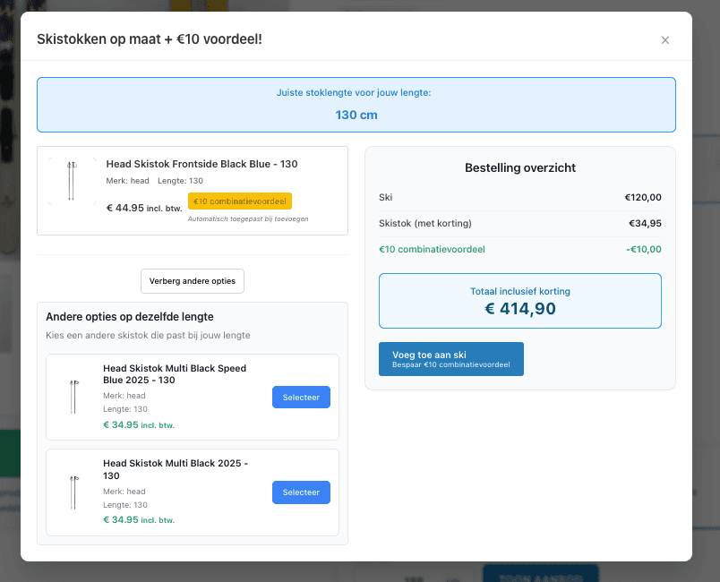 Skistokken lengte upsell met automatisch berekende maat