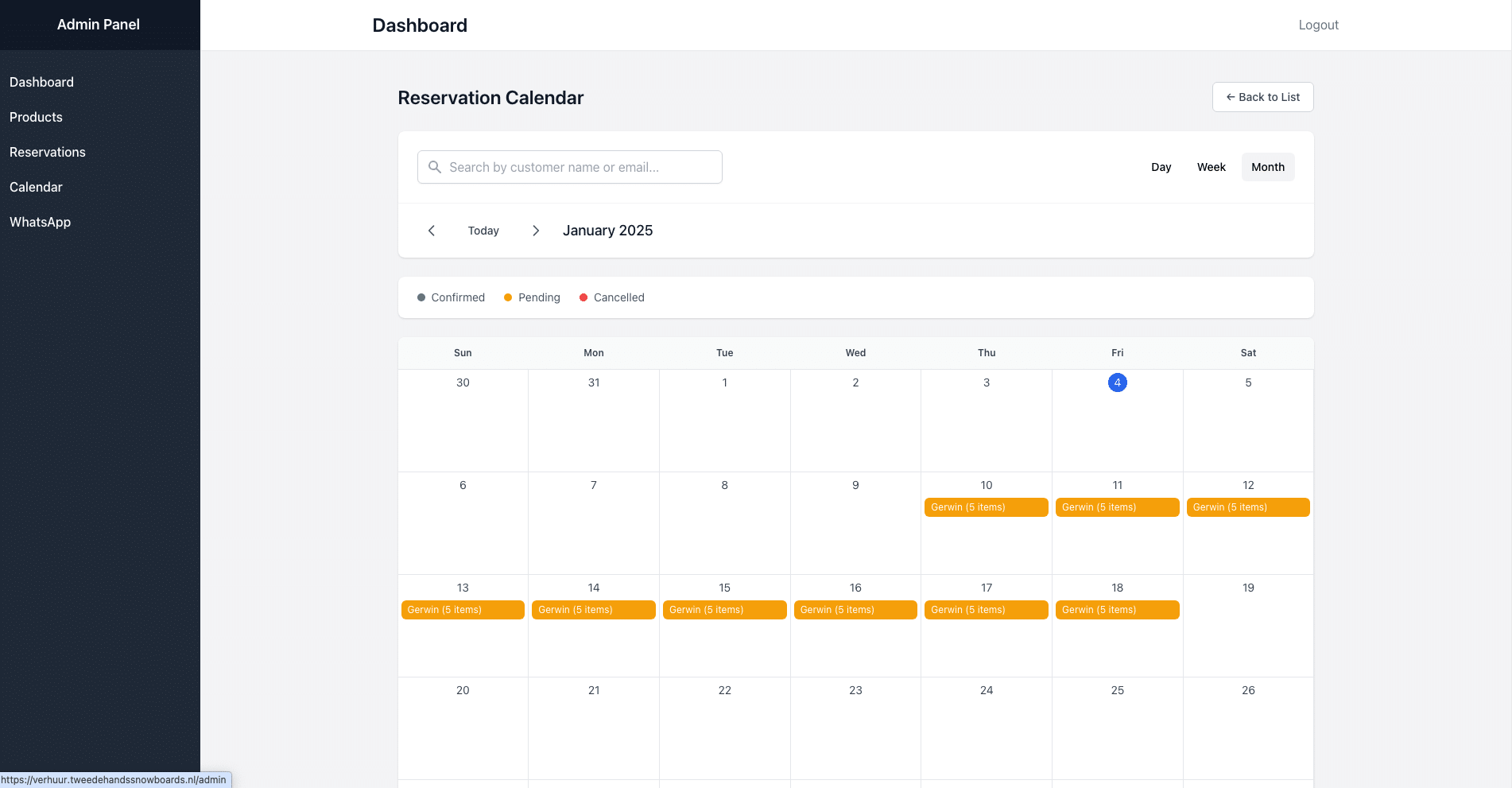 2nd Ride verhuursysteem, Beheerderskalender met geplande reserveringen