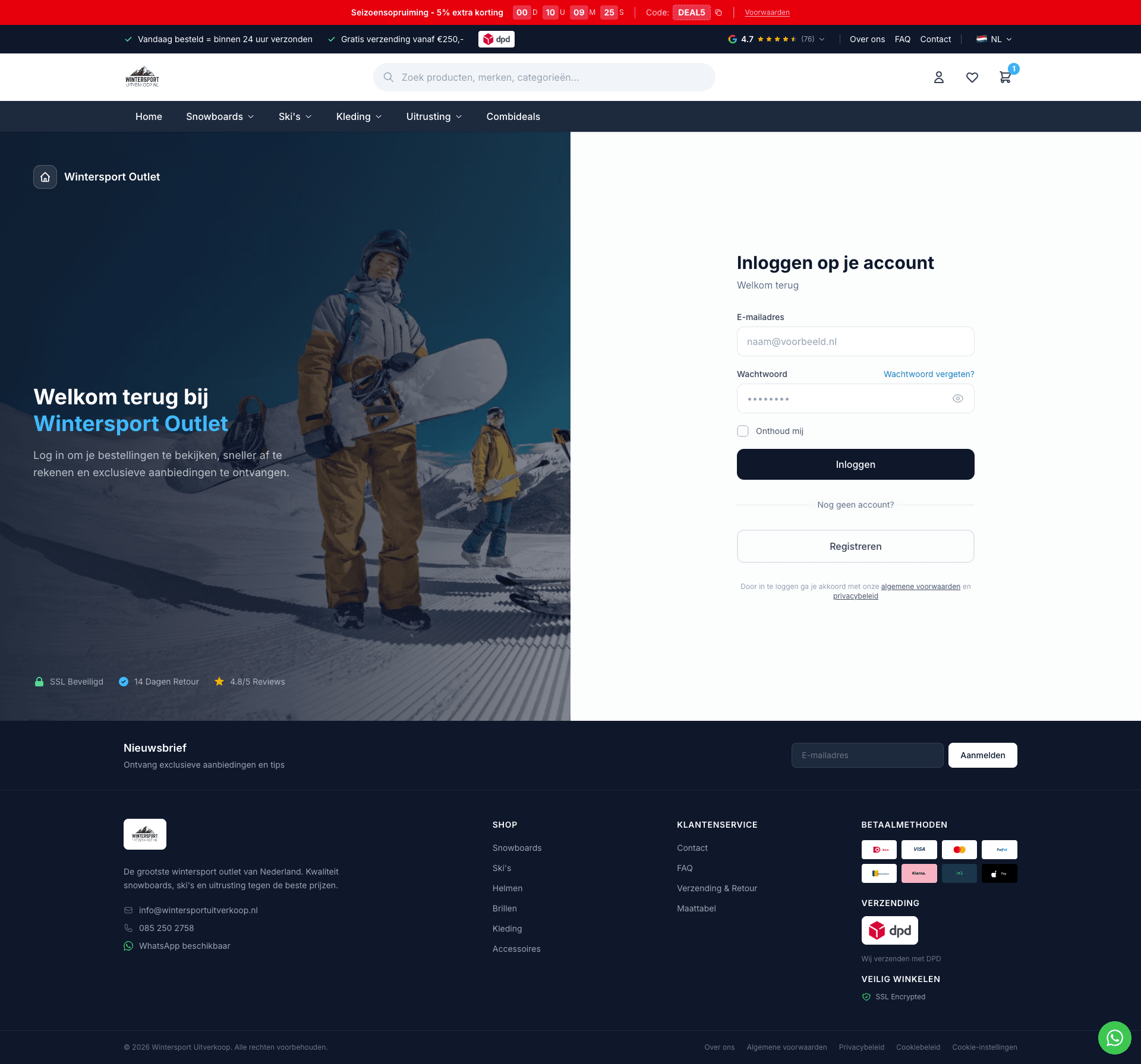 Split-screen inlogpagina met bergfoto en accountformulier