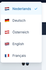 Taalkeuze menu met Nederlands, Deutsch, Osterreich, English en Francais