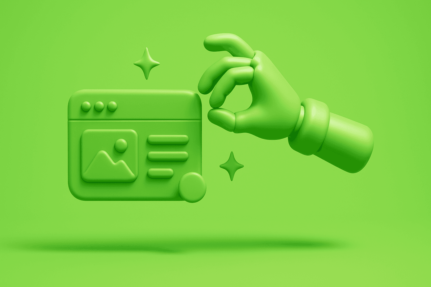 3D-illustratie van een hand die met AI een website in elkaar zet: een browservenster met fonkelende sterren