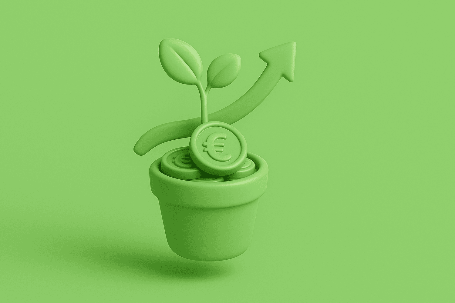 3D-illustratie van een plantje dat groeit uit een bloempot vol euromunten, met een stijgende pijl erachter