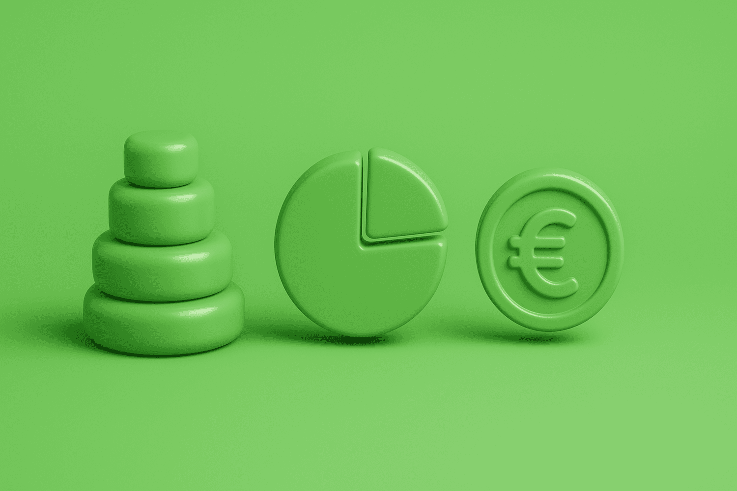 3D-illustratie van de kostenopbouw van een website: gestapelde blokken in aflopende grootte, een taartdiagram en een euromunt