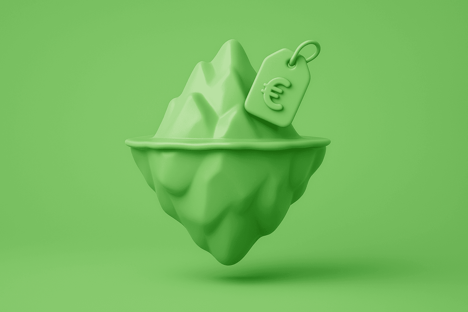 3D-illustratie van een ijsberg met een prijskaartje op de top: het grootste deel van de websitekosten zit onder de waterlijn