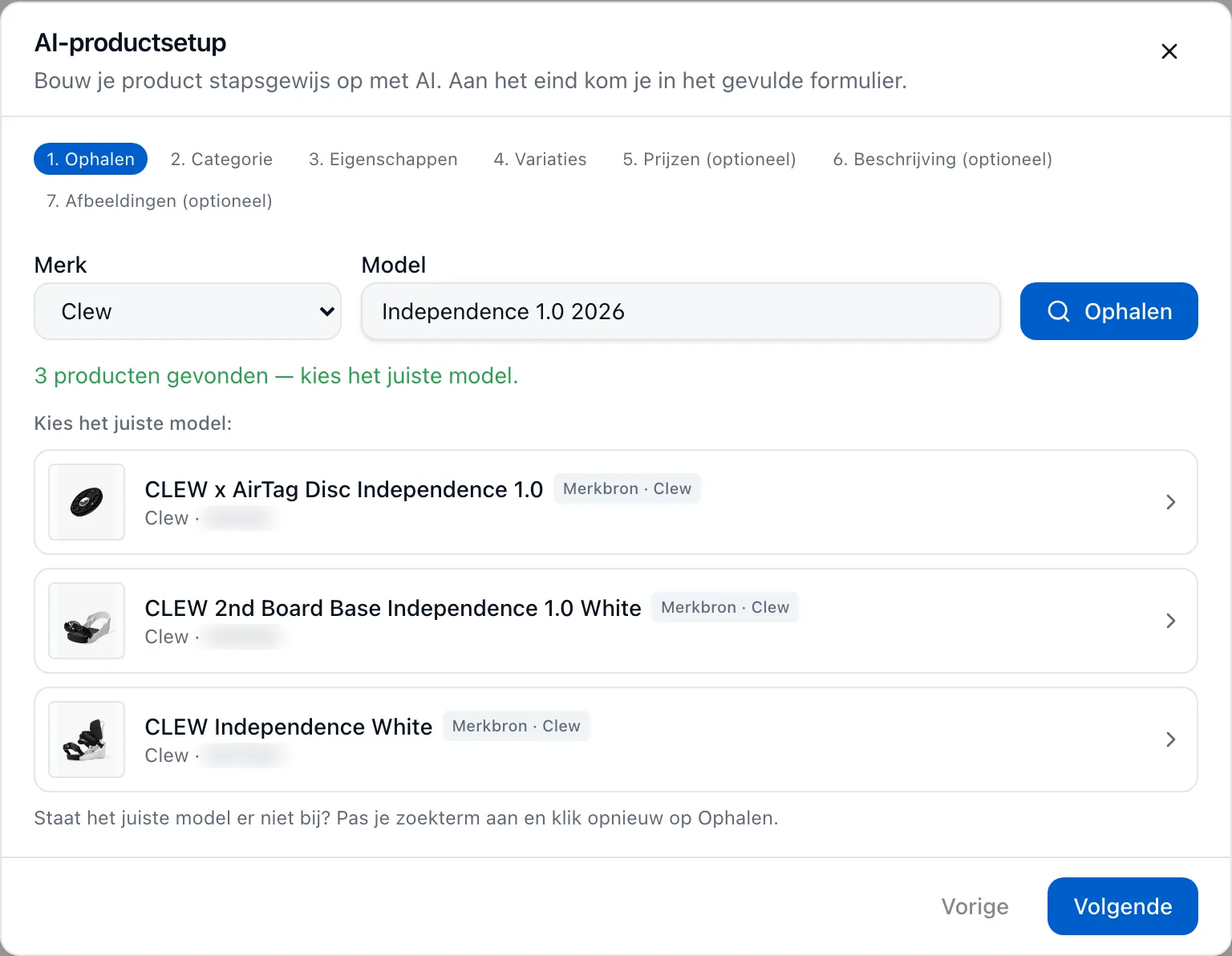 Eerste stap van de AI-productsetup met drie gevonden modellen bij het merk