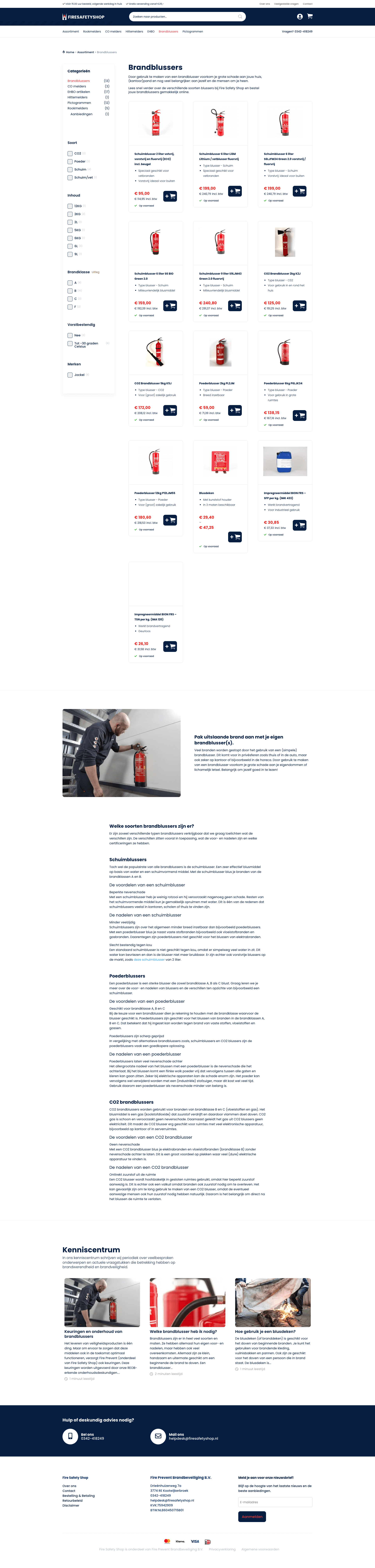 Assortimentspagina brandblussers met filters op merk, type en brandklasse