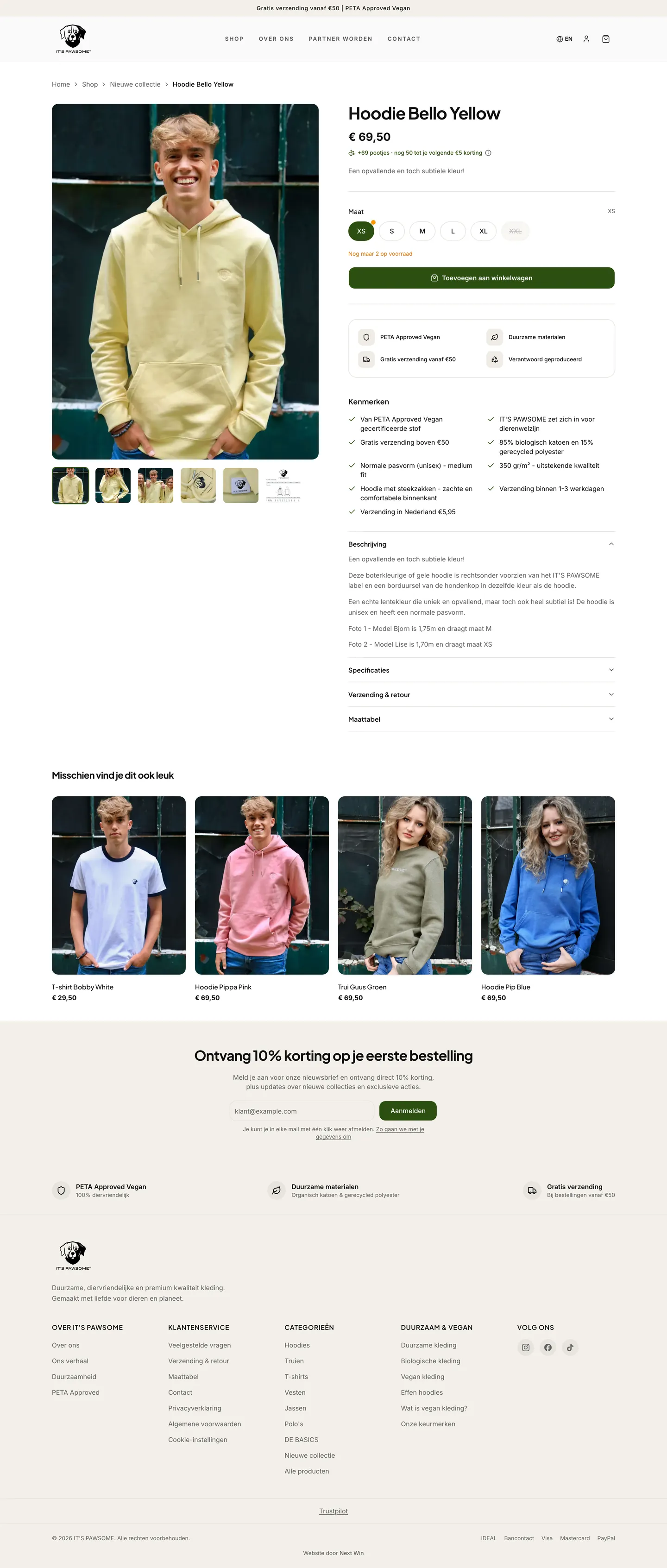 Productpagina van IT'S PAWSOME met keuze voor maat en kleur en de voorraad per variant