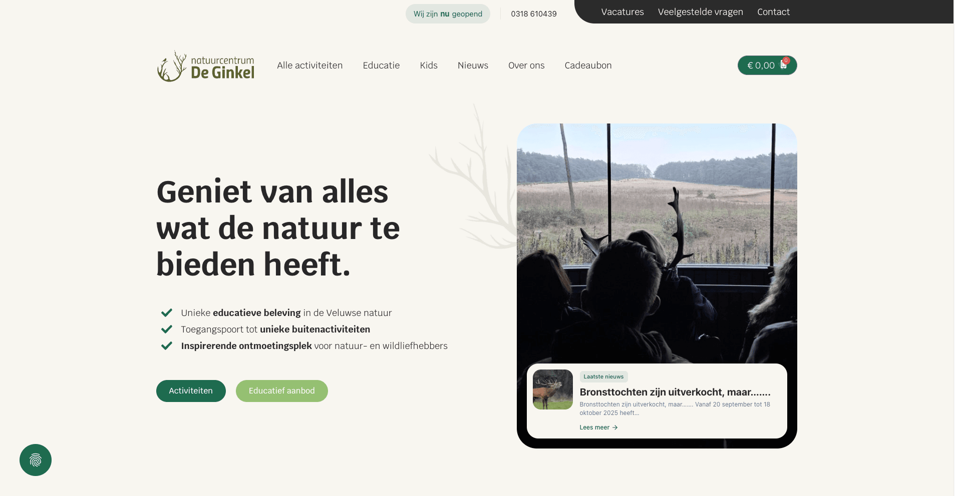 Vernieuwde homepage Natuurcentrum de Ginkel met activiteiten, wandelroutes en educatieve programma’s