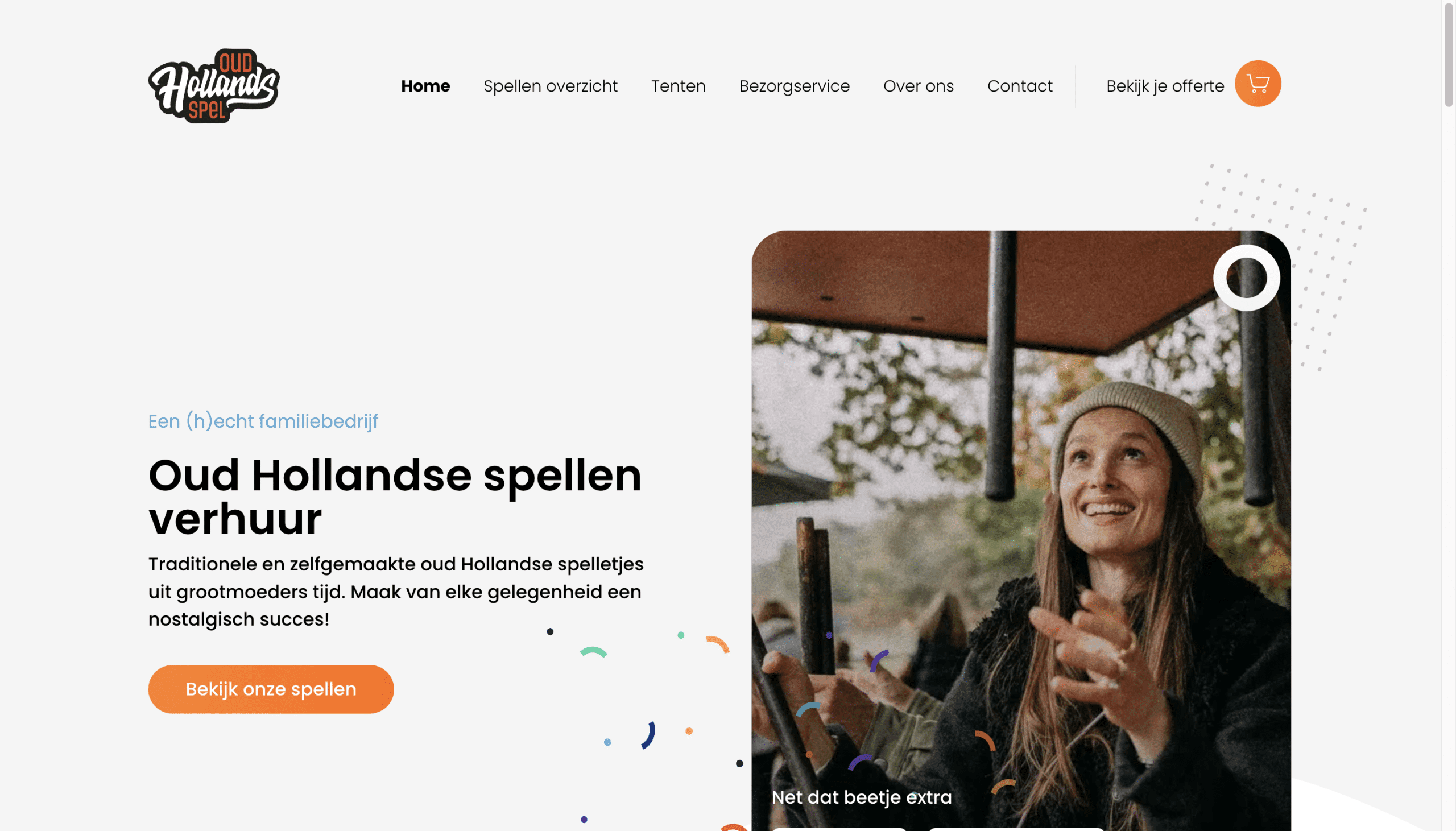 Homepage van Oudhollandsspel met hero, categorieen en sfeerbeelden