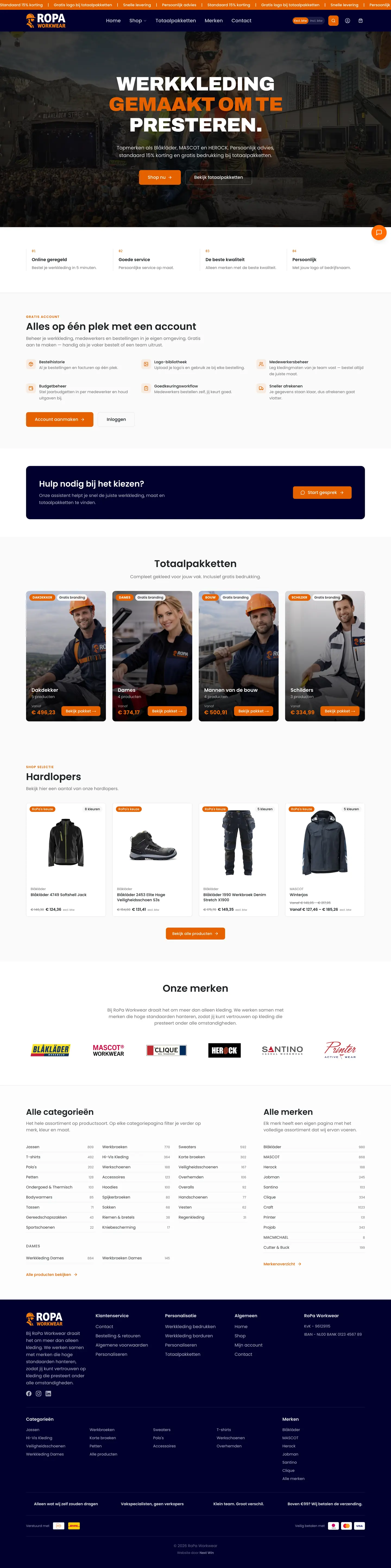 Homepage van RoPa Workwear met werkkleding voor bedrijven