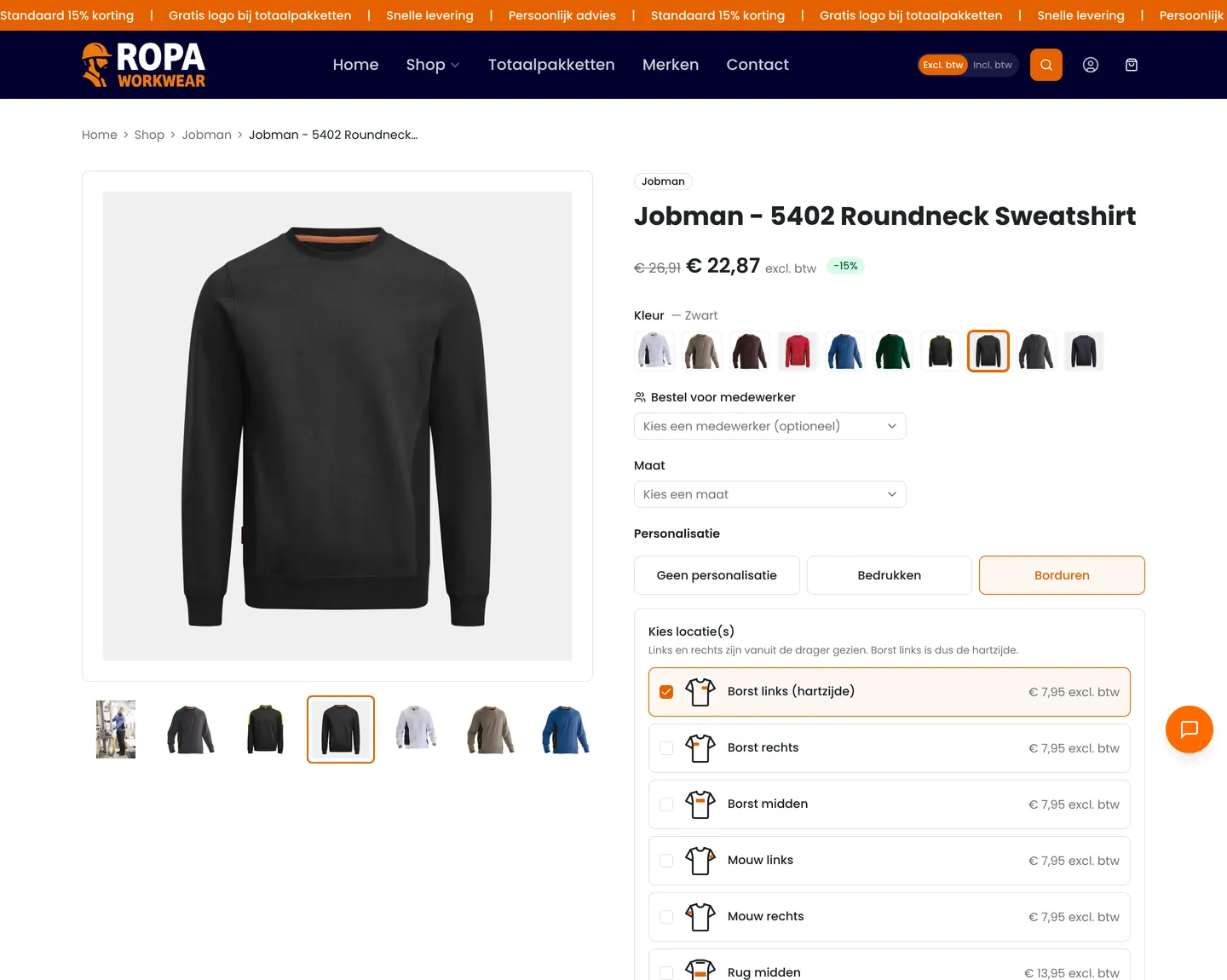 Productpagina met de branding-configurator voor bedrukken en borduren