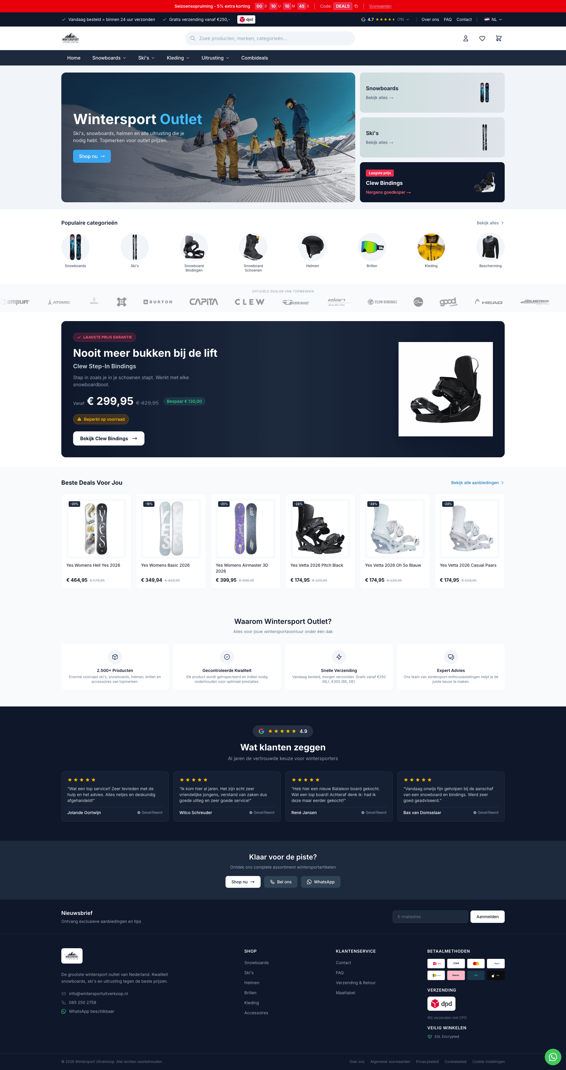 Homepage met DEALS afteltimer, hero, categorieen, deals, reviews en footer