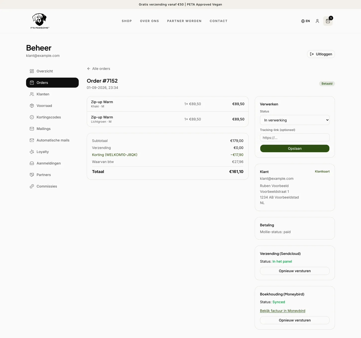 Orderdetail in het beheer van IT’S PAWSOME met de koppelstatus van Mollie, Moneybird en Sendcloud