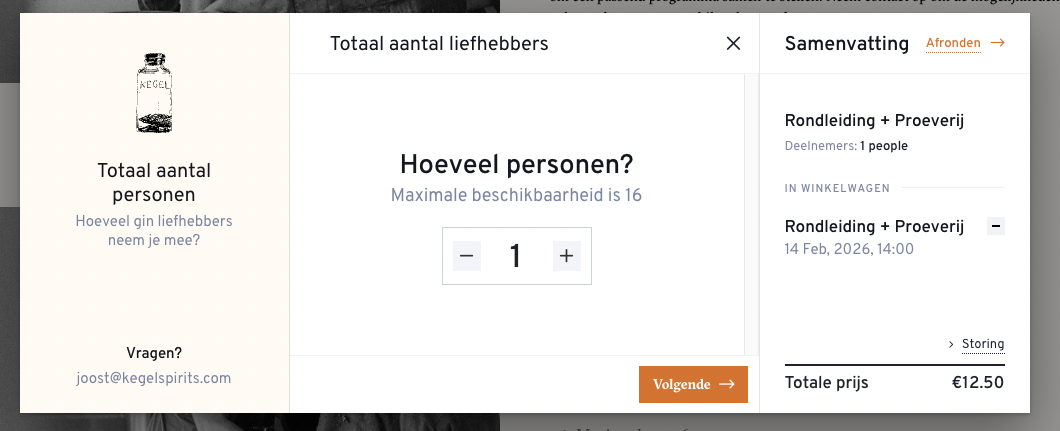 Boekingsstap waarin je kiest met hoeveel personen je komt, bij een maximale beschikbaarheid van 16