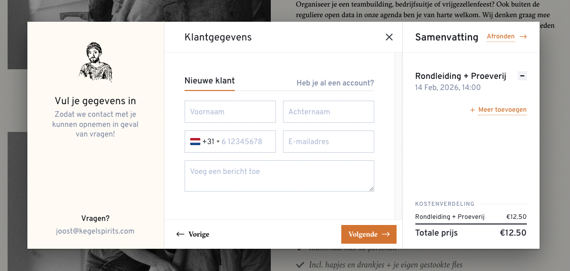 Boekingsvenster voor een rondleiding met proeverij, met klantgegevens en een samenvatting met de totaalprijs