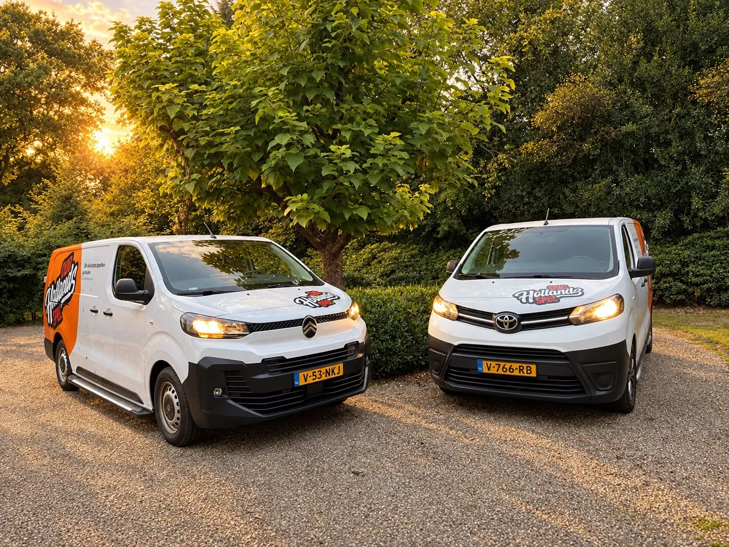 De twee bezorgbusjes van Oudhollandsspel bij zonsondergang