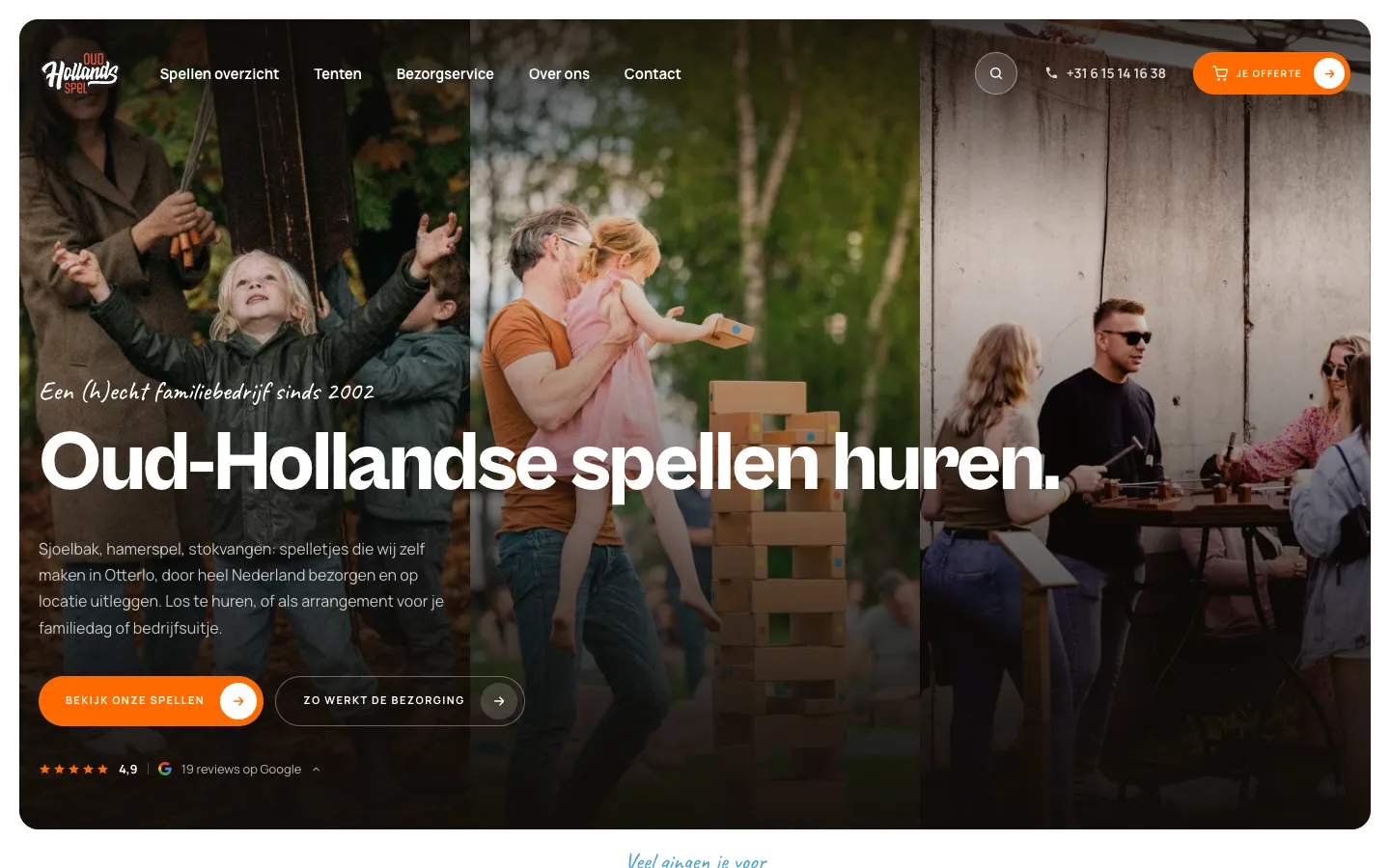 Bovenkant van de homepage met de kop Oud-Hollandse spellen huren