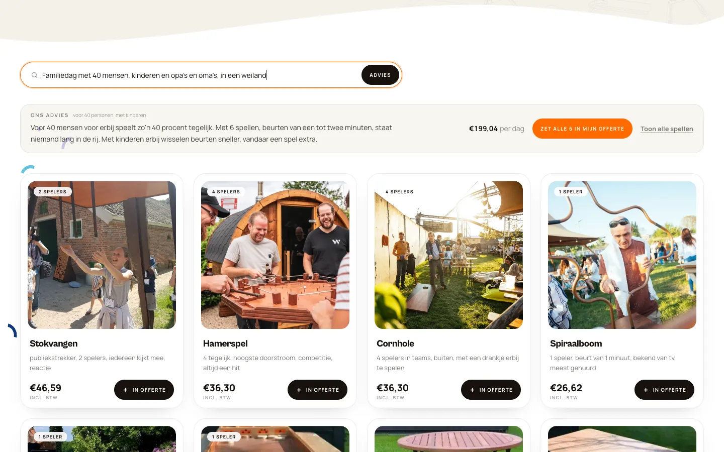 Spelkiezer met de vraag Familiedag met 40 mensen en het advies van zes spellen voor 199 euro per dag